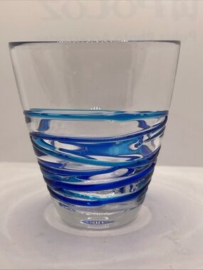 Pier 1 Two Tone Cobalt Blue Turquoise Applied Swirl Threads Clear Rocks Glass